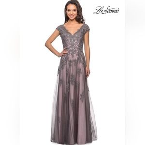 La Femme Tulle Evening Gown with Embroidery and Cap Sleeves 23449